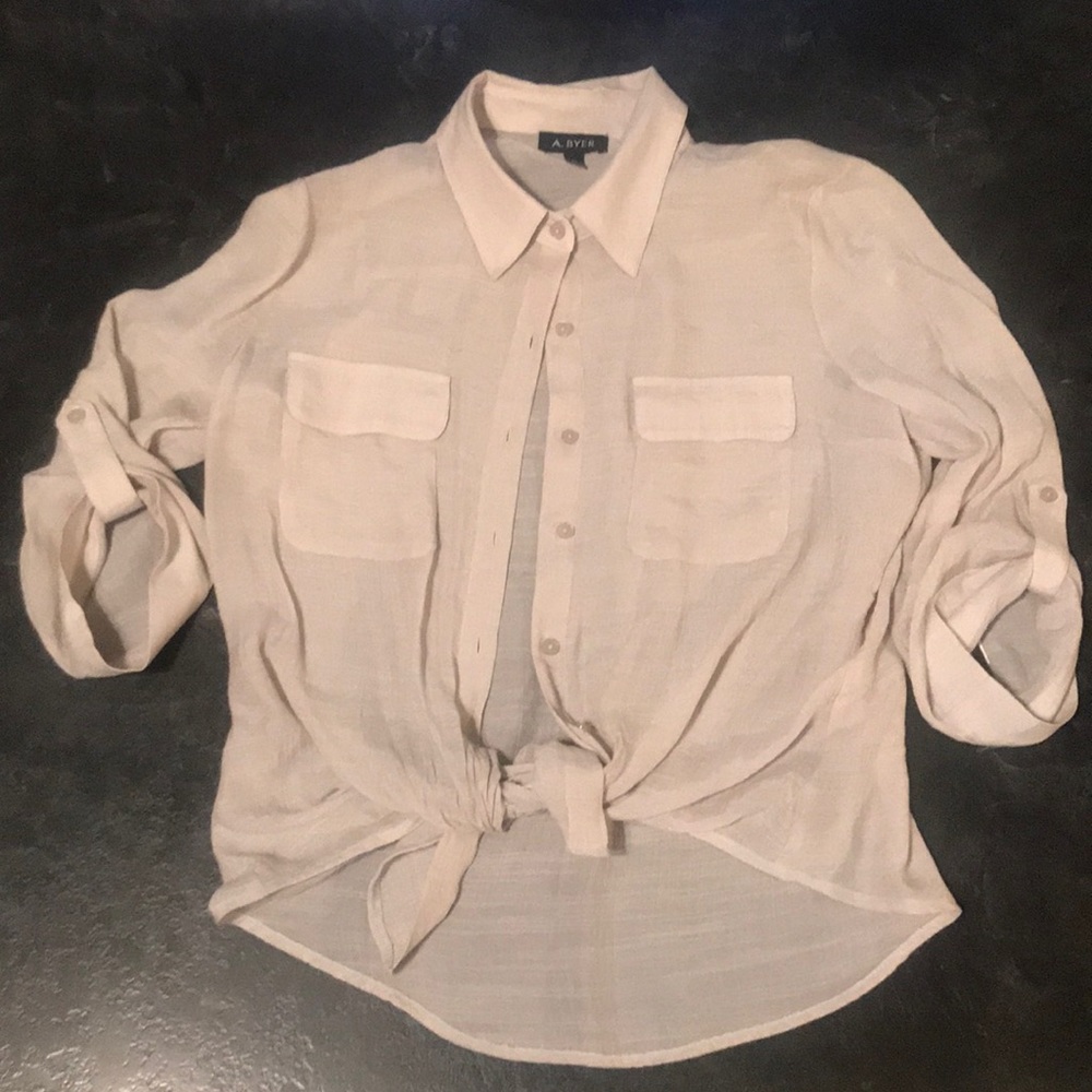 A.BYER Shimmery Cream Linen Button Down Top